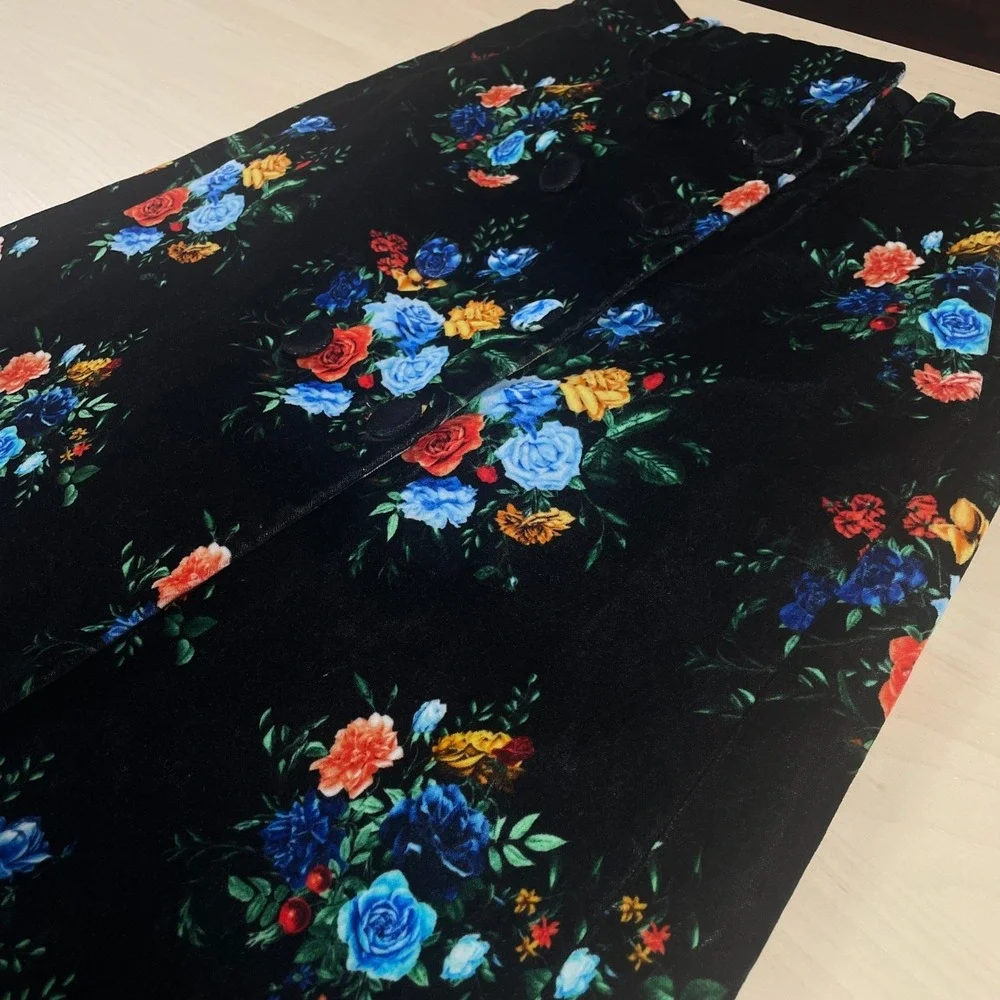 Paco‎ Rabanne Jupe Floral Cotton Blend Maxi Skirt Velvet Black Size 38 / 6 US